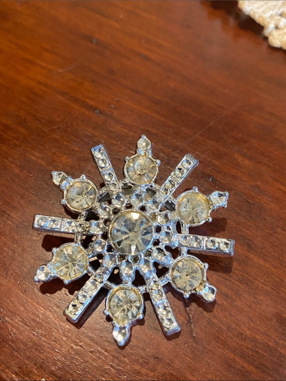 Vintage Silver-Tone Clear Crystal Snowflake Brooch